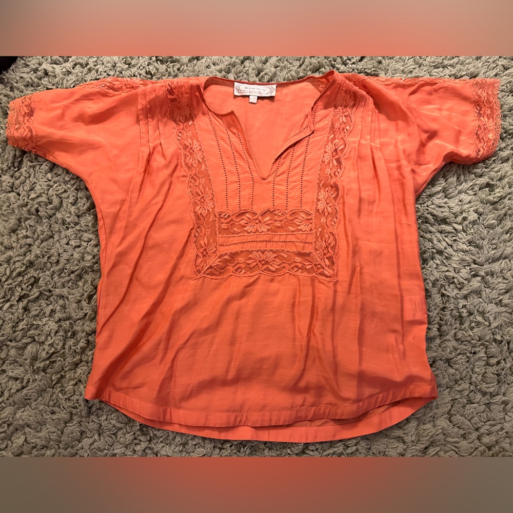Beyond Vintage Silk Lace Blouse in Coral Peach Size Small